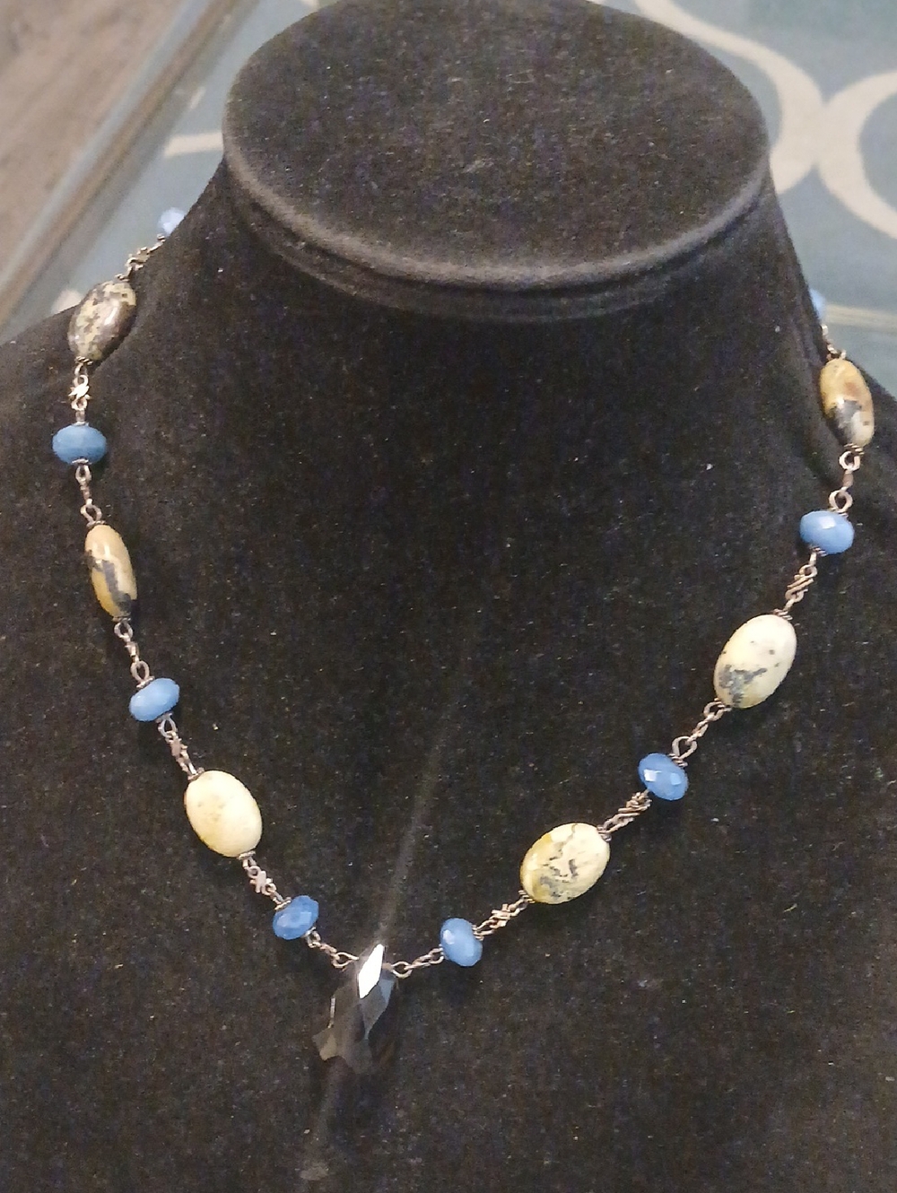 Vintage Blue and Cream Beaded Necklace with Black Pendant